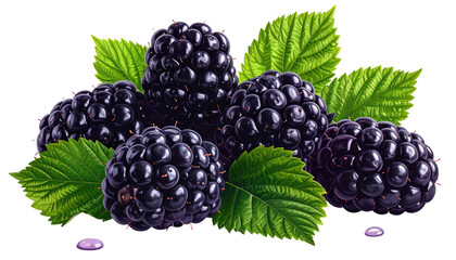 Close-up of ripe blackberries with green leaves, isolated on a transparent background