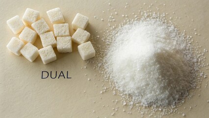 Sugar cubes and granulated sugar pile comparison side by side