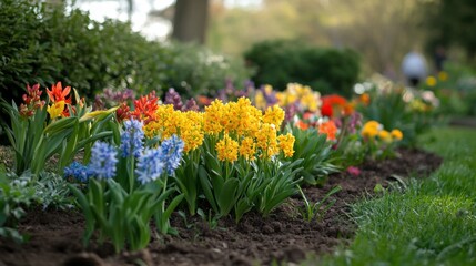 Obraz premium Vibrant springtime botanical medley of diverse flora in a cultivated garden setting
