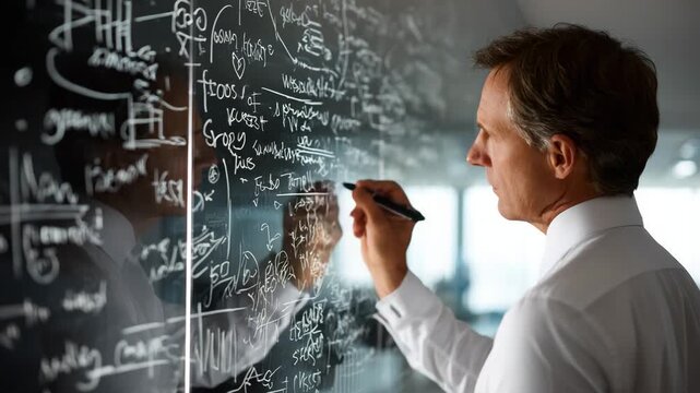 Business strategist writing ideas and formulas on glass board