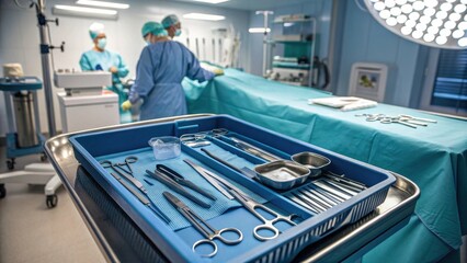 Surgical tray loaded with instruments in the operating room