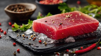Slab of red meat is on a black counter with a bowl of pepper and a bowl of parsley