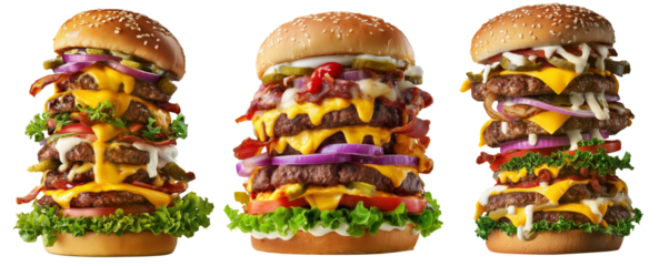 Towering Hamburguesas Con Todo Burgers or cheeseburger with bacon, cheese, lettuce, tomato and sauces isolated on white background