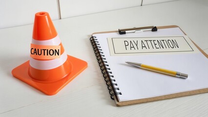 Traffic Cone and Clipboard Paying Attention on White Surface