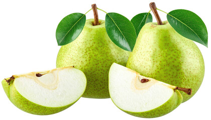 Close-up of ripe pears, with green skin, leaves, and slice, isolated on a black background