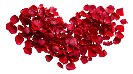 Heap of vibrant red rose petals crafted into heart shape representing passionate love romance and heartfelt emotion perfect for valentines day