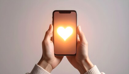 close up of hands holding smartphone with glowing white heart symbol on screen for digital love concept