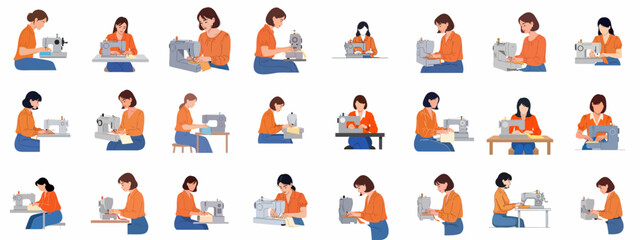 Fototapeta premium Diverse illustrations of women using sewing machines, representing tailoring, garment making, craftsmanship, and home crafting hobby.