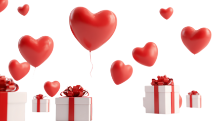 Heart balloons and gift boxes on transparent backdrop design for expressing romance affection love celebrating valentine's day isolated vector art