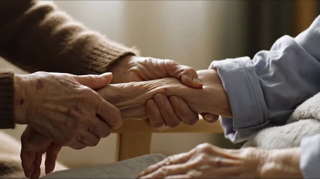 Holding hands of elderly people in care, Hands gently supporting weak forearm during movement