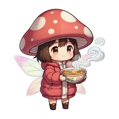 Cute mushroom fairy holding a bowl of soup