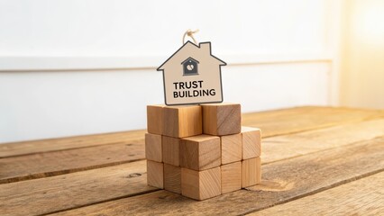 Wooden Blocks Balancing Trust Building Sign on a Table