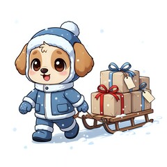 Cute puppy in winter attire pulling a sleigh of presents