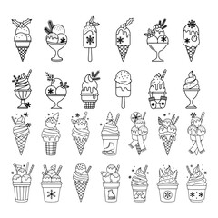 snow fall weather , ice cream different kind and shape silhouette pack concept of winter ice cream and snow