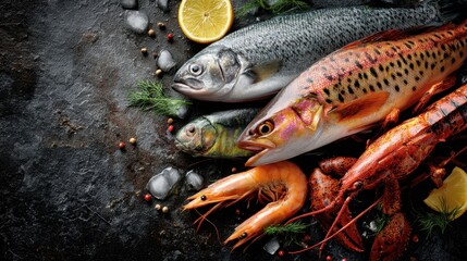 Variety of seafood including shrimp, fish, and lobster are displayed on a table. The table is covered with ice and garnished with lemon slices
