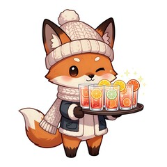 Adorable fox serving colorful drinks in winter attire