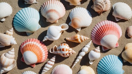Collection of Assorted Seashells on Sandy Beach Surface.