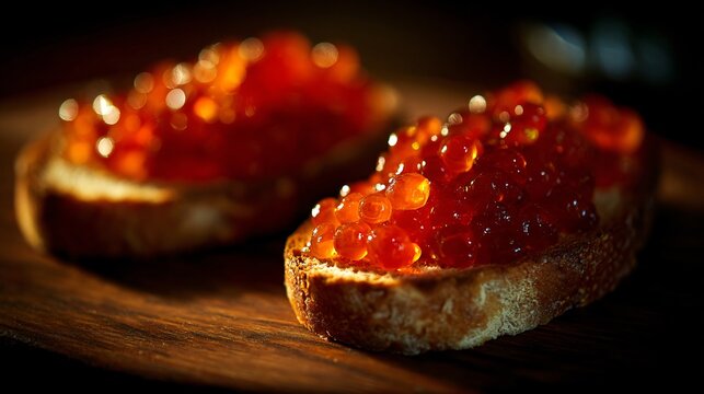 Caviar toast served late night, moody tungsten lighting, dark wood table, luxury intimacy mood
