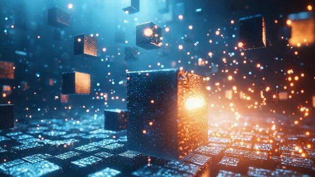 Blockchain cubes transmitting scattered digital data across a glowing futuristic network grid, symbolizing secure transactions, encryption, and advanced cyberspace technology