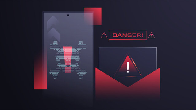 Phishing alert notification with email icon and skull symbol on dark futuristic background. Cyber security concept for unverified sender, mail fraud, and digital data protection awareness. email sign