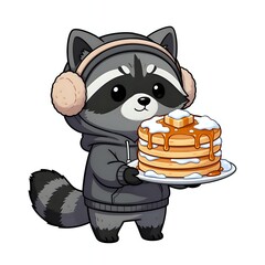 Adorable raccoon with pancakes in a cozy hood