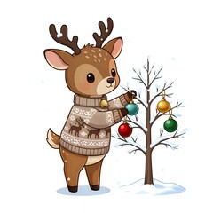 Adorable reindeer decorating a tree for the holidays