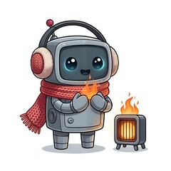 Adorable robot warming up by a cozy heater