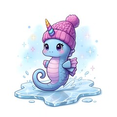 Adorable seahorse unicorn in a cozy hat on ice