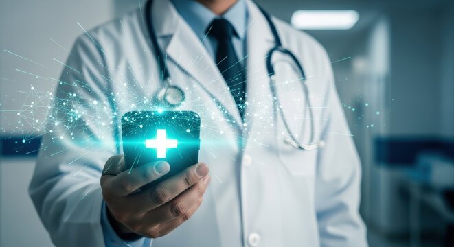 Doctor Holding Smartphone with Digital Medical Cross, Telemedicine Concept for Healthcare Solutions and Assistance