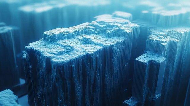 Abstract digital landscape showing an intricate network of interconnected blue blocks and pillars, symbolizing data flow and complex technological infrastructure