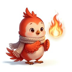 Cute cartoon bird with a scarf and a fireball