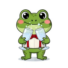 Cheerful frog holding champagne glasses in a bowtie
