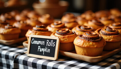 Cinnamon rolls with pumpkin flavor on a checkered table with copy space for harvest festival or thanksgiving; autumn delight