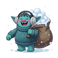 Cheerful cartoon creature with snowy bag in winter scene