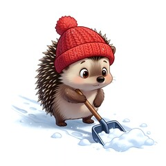 Cute hedgehog shoveling snow in winter hat