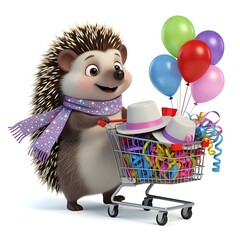 Cheerful hedgehog with party supplies in shopping cart