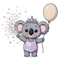 Cute cartoon koala celebrating with a balloon and confetti