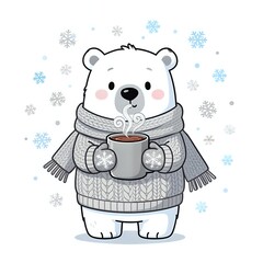 Cute polar bear in sweater holding a hot drink