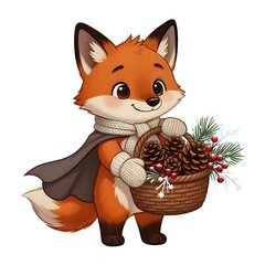 Cute fox with a basket of pinecones and christmas decor