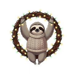 Cheerful sloth in cozy sweater with holiday wreath