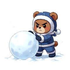 Angry bear building a snowball in winter outfit
