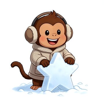 Cheerful monkey enjoying winter with a snow star