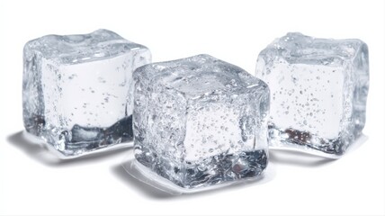 Three Clear Ice Cubes on White Surface, Ideal for Refreshment and Beverage Concepts