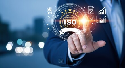 ISO Standards Concept: Businessman touches virtual display to represent quality control and certification processes