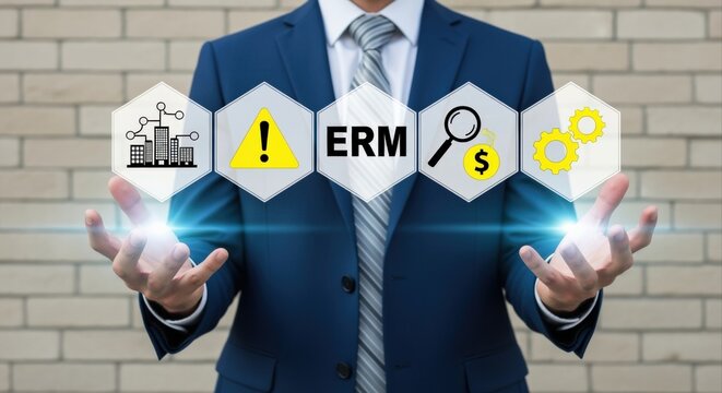 Enterprise Risk Management Illustration: Businessman Presenting Digital Icons representing Risk Analysis, Assessment, and Mitigation Strategies for Business