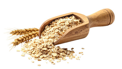 Close-up of rolled oats spilling from a wooden scoop next to a wheat stalk