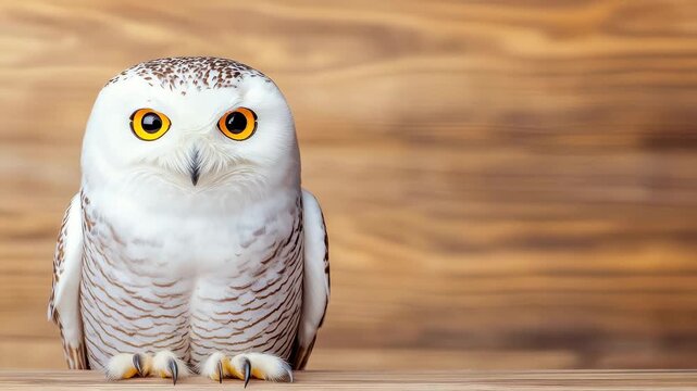 Snowy owl sits on a wooden surface while looking at the camera during daytime