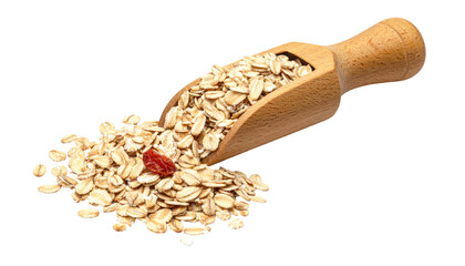 Close-up of rolled oats spilling from a wooden scoop with a lone red berry, isolated