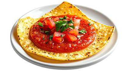 Close-up of salsa and diced tomato, garnished with cilantro, on a crispy tortilla chip