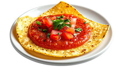 Close-up of salsa and diced tomato, garnished with cilantro, on a crispy tortilla chip